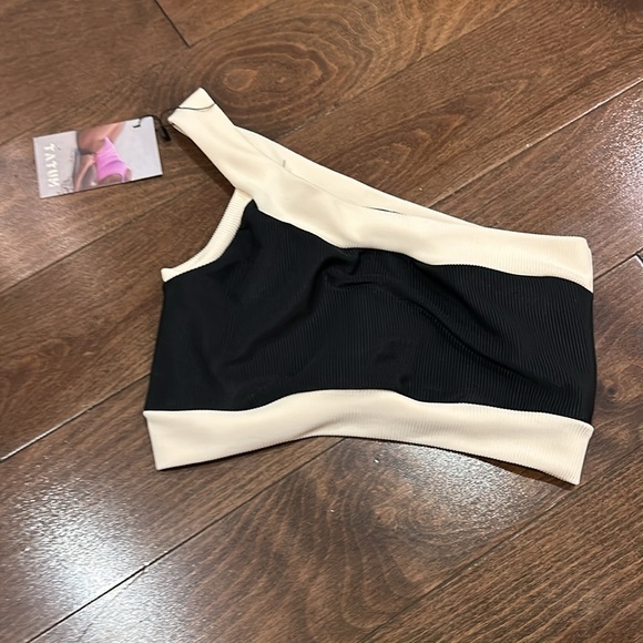 Tatum Swimwear Ribbed One Shoulder Mid-rise Bikini Black and Ivory NWT - Picture 3 of 11